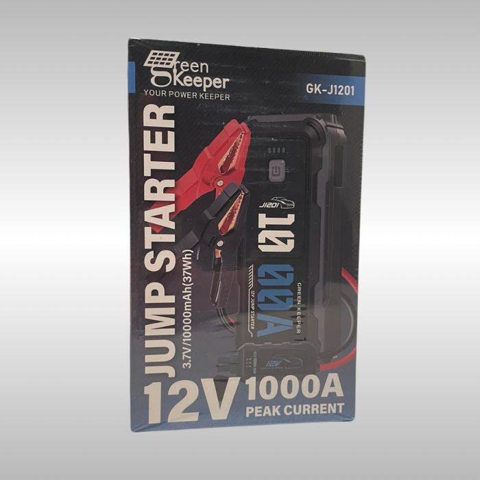 Stay prepared on Norway's roads with our GK-J1201 Jump Starter 12V (1000A). Compact and portable, featuring a capacity of 3.7V/10000mAh (37Wh) and Type-C input with QC18W. With LED lighting functions and safety features, it's suitable for gasoline engines up to 5.0L and diesel engines up to 3.5L. Be ready for emergencies with confidence.